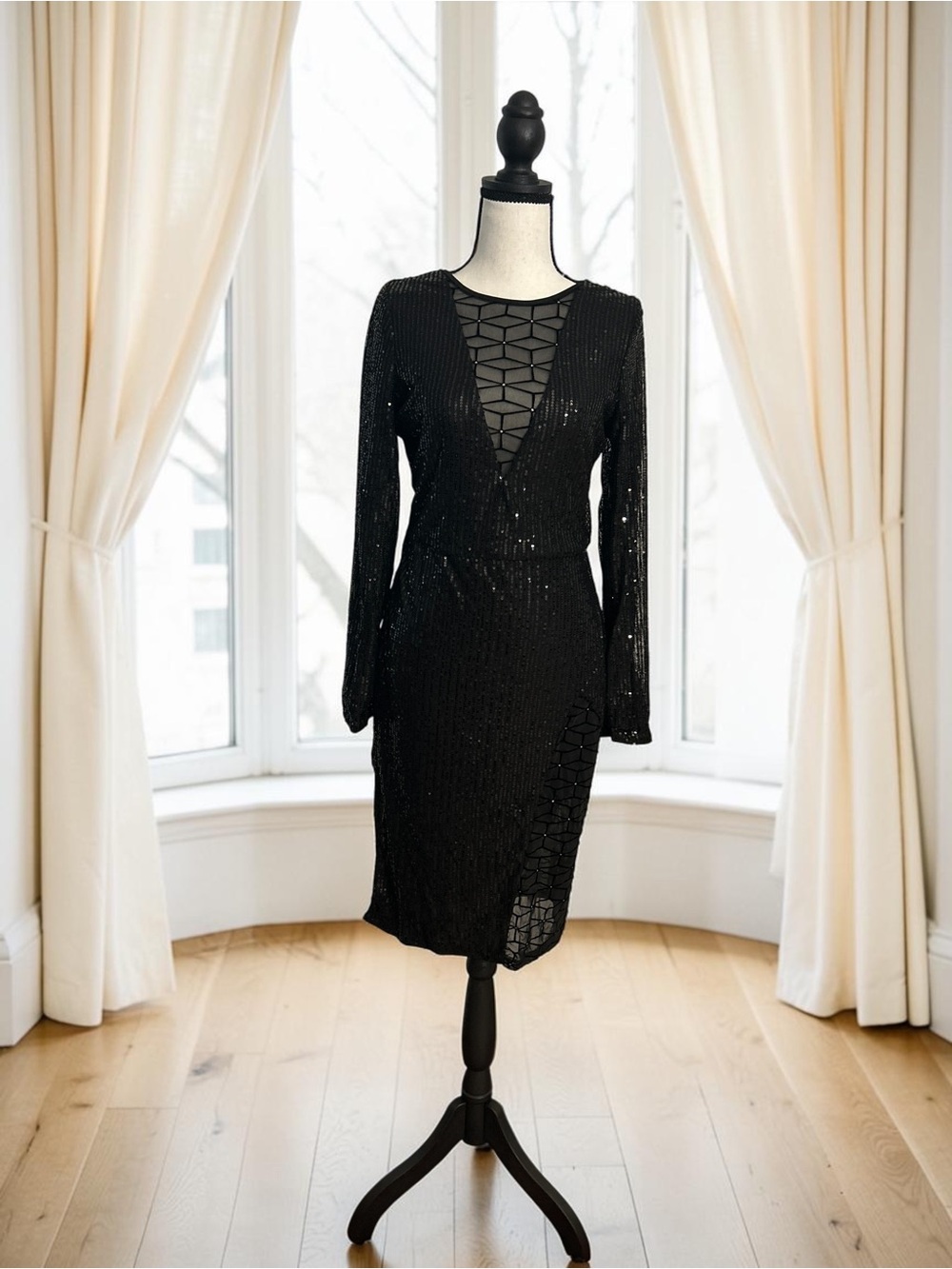 NWOT Black Sequin Long Sleeve Geometric Mesh Illusion LBD Large